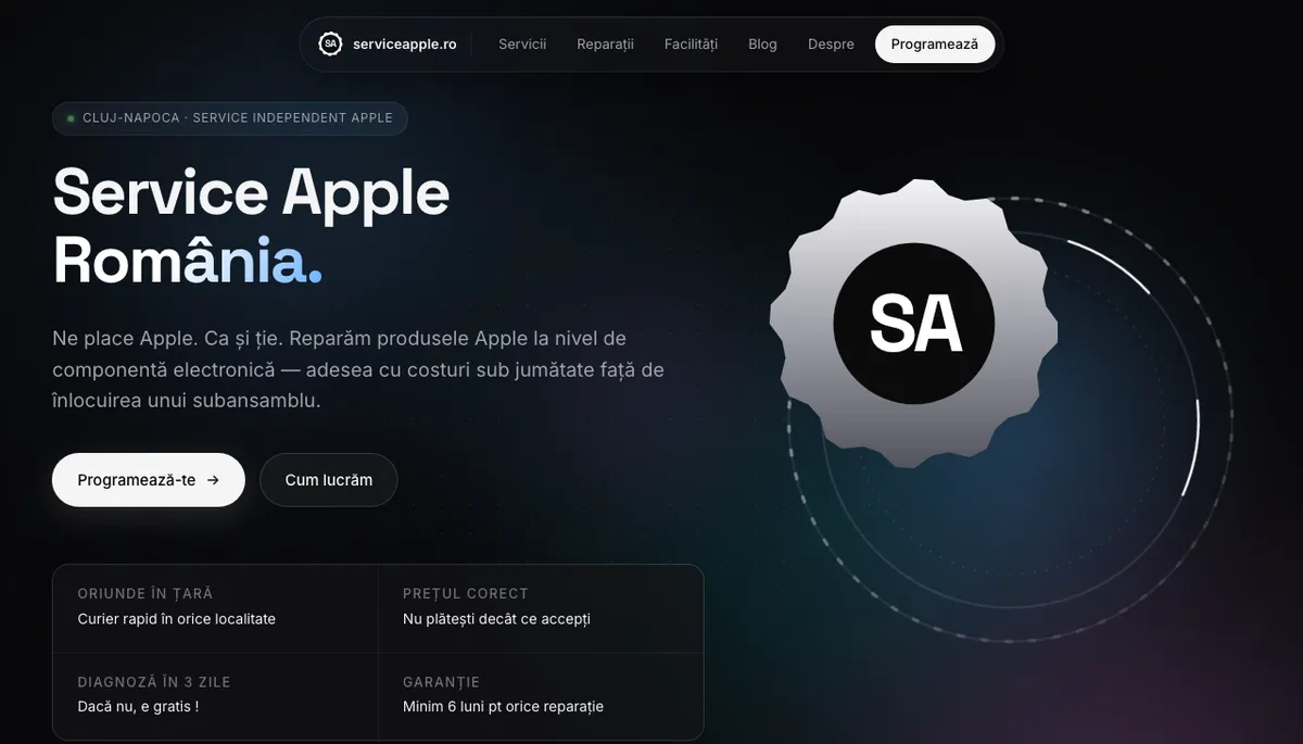 Captura din site-ul Service Apple Romania, realizat de Sytek